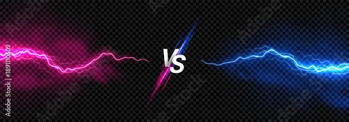 Epic versus concept with thunderstorm effect. VS banner with bright lightning rays colored blue and pink. Bolt energy collision isolated on dark checkered background. Lightning shock versus concept