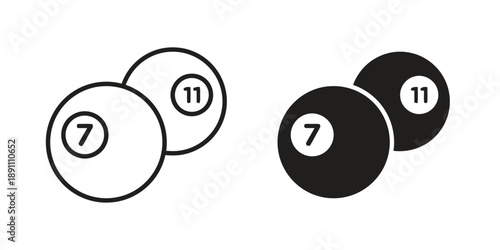Billiard balls number 7 and 11 in outline and solid black, icons for games, sports, and chance, pool and snooker symbols