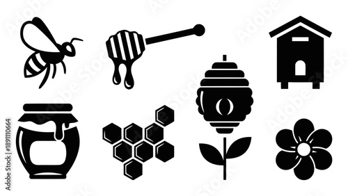 Beekeeping and honey icons set with bee honey dipper jar honeycomb hive and flower for natural food and sweet product industry design elements abstract