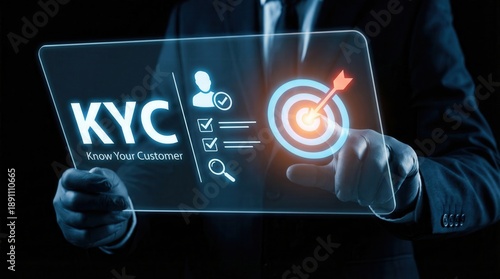 A professional in a dark suit interacts with a bright futuristic digital interface displaying Know Your Customer KYC data user checks and a target icon symbolizing strate