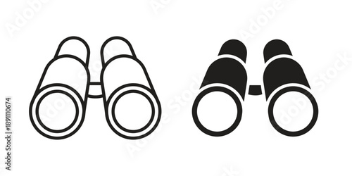 Binoculars icon with line art and filled versions representing searching observation and exploration for discovery on a clean white background