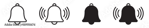Bell notification icons, representing alerts and alarms, in outline and solid styles with vibration waves, vector graphics for messaging and reminders