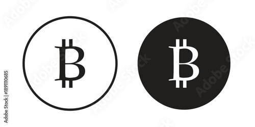 Bitcoin currency symbol icon in outline and solid black variations representing cryptocurrency digital money and online financial transactions