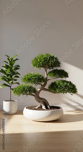 Bonsai Tree and Potted Plant on Wooden Surface.