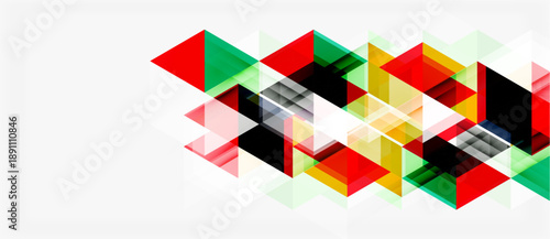 Abstract geometric shapes overlap, creating dynamic colorful pattern. White background contrasts vibrant triangles, rectangles. Modern design element.