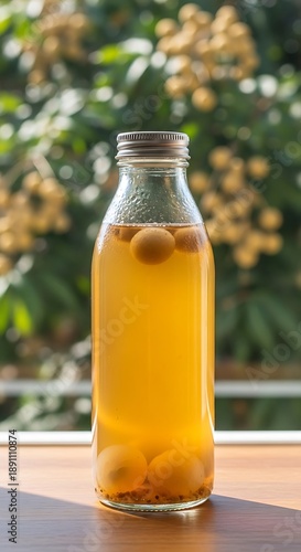 Refreshing homemade beverage in a glass bottle with fruits and bubbles.