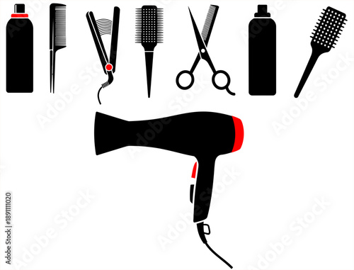 collection of various professional tools and products for hairdressers, vector silhouette