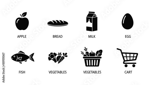 Grocery food items black and white vector icons, shopping list of essential goods