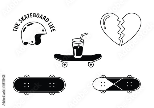 Skateboard Lifestyle Helmet, Drink, Broken Heart, and Skateboards Vector illustration