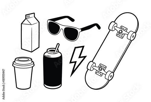 Skateboard, Drinks, Sunglasses, and Lightning Bolt Vector illustration
