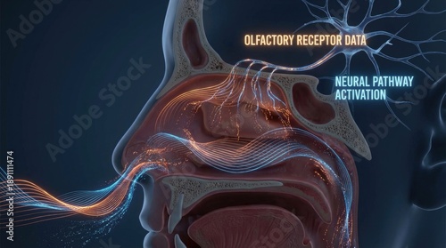Nose with abstract waves for olfaction concept. Illustration of the human olfactory system and sensory pathways.