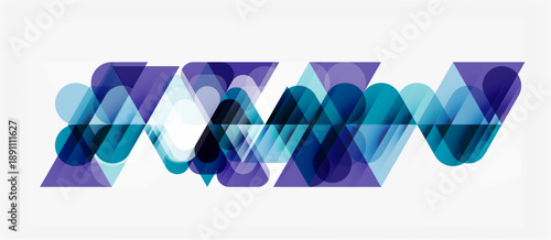 Abstract geometric pattern. Overlapping shapes create dynamic visual flow. Blue, purple hues dominate composition. Modern design element.