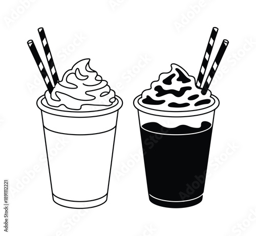 Two Iced Drinks with Whipped Cream and Straws Line and Silhouette Vector illustration