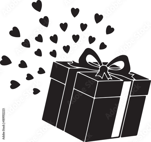 An open gift box with a ribbon releases a flurry of heart shapes