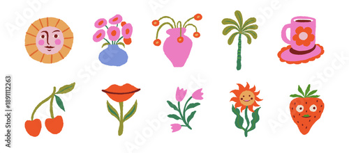 Vector whimsical illustrations in hand drawn doodle imperfect edges and wavy shapes, abstract dopamine art decor, naive art, flowers 