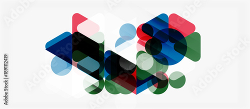 Abstract composition. Overlapping translucent squares, circles create vibrant visual effect. Colors blend, forming dynamic pattern.