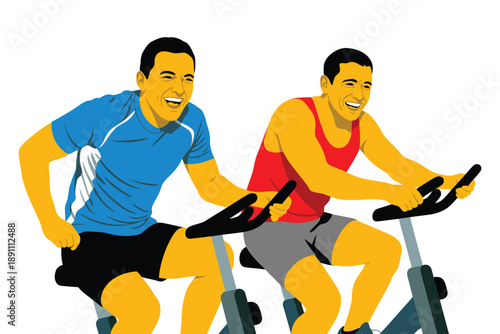 Two men exercising on stationary bikes in a fitness class with a focus on cardio and endurance training