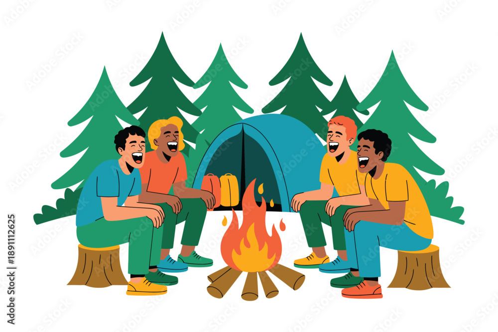 Naklejka premium A group of friends sitting around a campfire in a forest, enjoying a night of camping and outdoor adventure together.