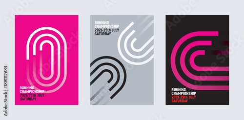 Modern running championship posters set with abstract track designs in vibrant colors