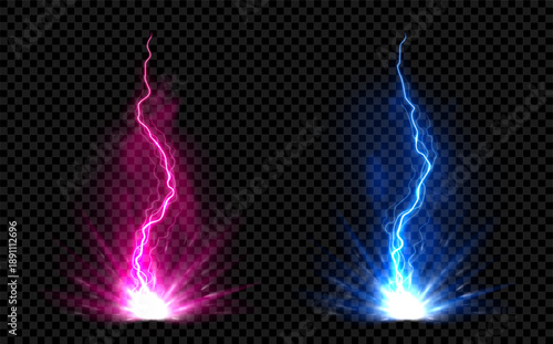 Vibrant rays of lightning coming from energy burst. Vector illustration with pink and blue energy lightning and fog isolated on checkered background. Powerful dynamic lightning flows.
