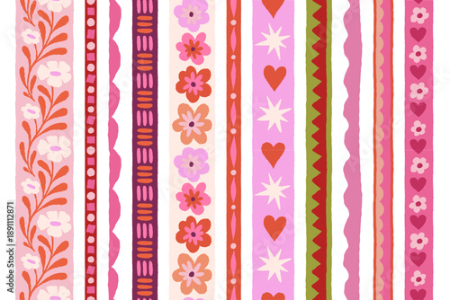 Vector set of seamless borders and frames, abstract hand-drawn quirky doodles,  love theme wallpaperes, Valentine's day decorative wrapping paper and textile backgrounds with hearts and flowers