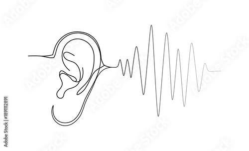 Ear human organ receiving sound waves illustration black line drawing concept art