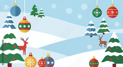 Merry Christmas and Happy New Year winter landscape with cute village houses, reindeer and gifts flat vector illustration