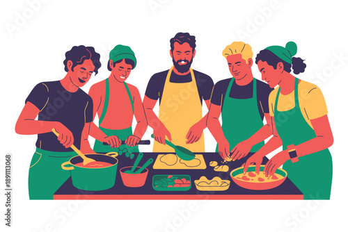 A diverse group of people cooking together in a kitchen with colorful utensils and ingredients.