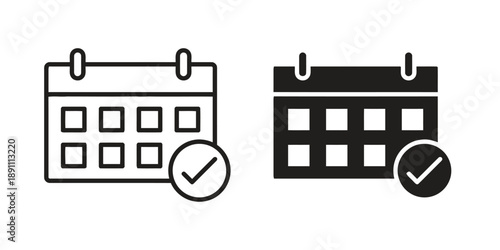 Calendar with checkmark icon, signifying schedule, planning, and completed tasks, presented in outline and solid black fill for various visual communication needs