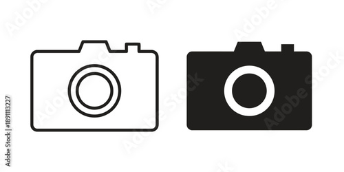 Camera icon representing photography or image capture, vintage style camera body with lens, presented in outline and solid filled black graphic styles for visual design