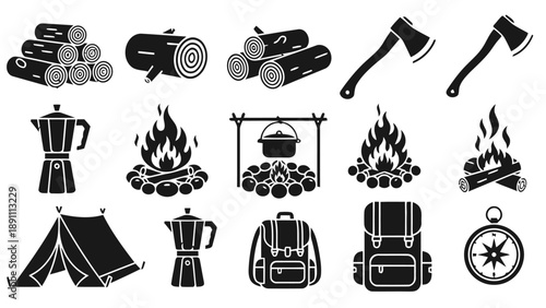 Camping equipment and supplies, including tents, backpacks, axes, firewood, campfires, and a compass, illustrating outdoor adventure and survival gear in a simple vector style