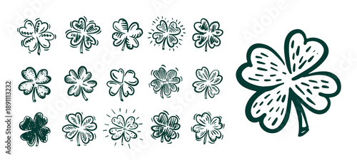 Saint Patricks Day, Green Clover set on white, hand drawn illustrations.	
