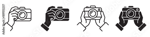 Camera in hand icon set representing photography and visual content creation different holding poses and styles outline and solid fill for capturing moments isolated on white background