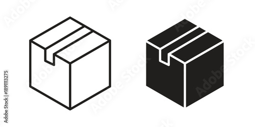 Cardboard box isometric icon set closed shipping parcel package outline and solid fill styles simple cubic container for delivery and storage isolated on white background