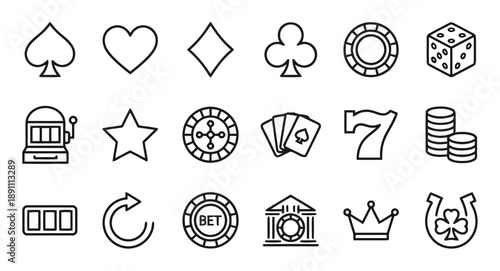 Casino and gambling icons in line art style, featuring playing cards, dice, slot machine, roulette, chips, horseshoe, crown, 777, money stack, poker