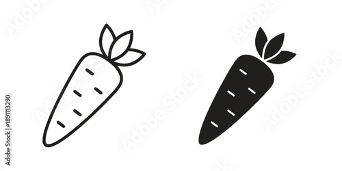 Carrot icon set in outline and solid black fill styles representing healthy food vegetable and organic produce for diet and nutrition concepts with green leafy tops symbolising freshness