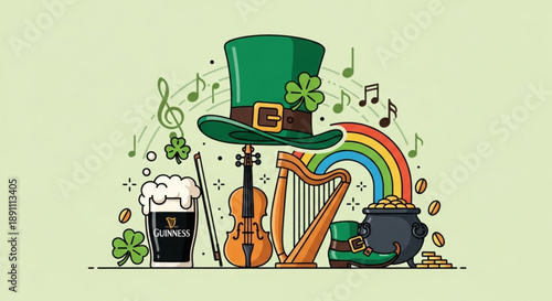 St patrick's day celebration with green hat rainbow harp violin beer and shamrocks on light green background