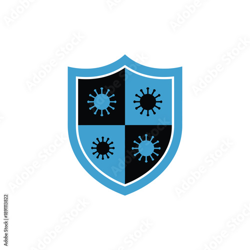 A blue and black shield logo with virus symbols on a white background