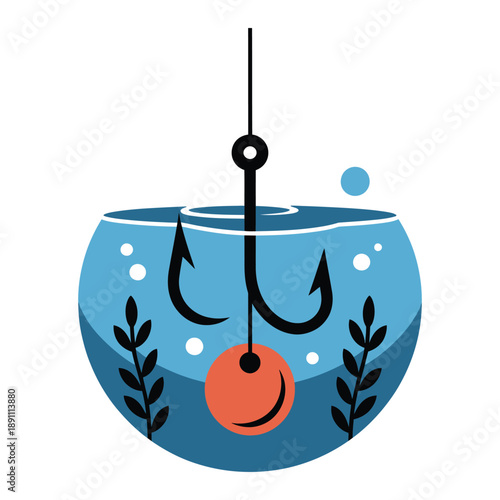 A colorful illustration of a fishing hook and red bobber in a bowl of water with plants.