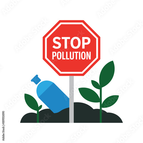 An illustration of a stop pollution sign with a plastic bottle and green plants growing out of the ground