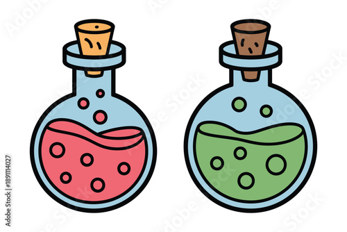 Two colorful cartoon potion bottles with corks on a white background