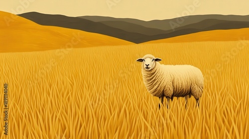 Wallpaper Mural A fluffy sheep stands in a golden field surrounded by rolling hills, creating a serene rural scene ideal for agricultural or nature-themed projects, websites, and marketing materials, Torontodigital.ca