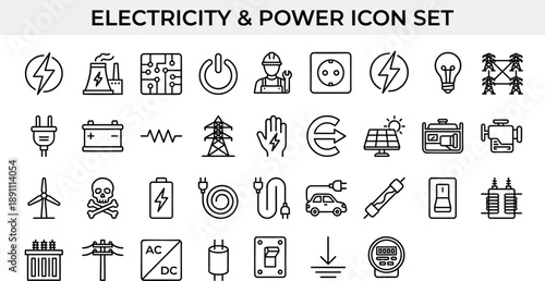 Electricity and Power Line Icon Set – Energy, Electrical Equipment and Industrial Vector