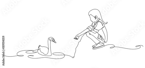 Vector line of a little girl child feeding geese swimming in the river