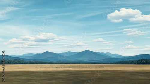 Wallpaper Mural A serene landscape featuring rolling hills, expansive fields, and a clear blue sky, This image is ideal for nature-themed projects, travel brochures, or as a backdrop for tranquil marketing materials Torontodigital.ca