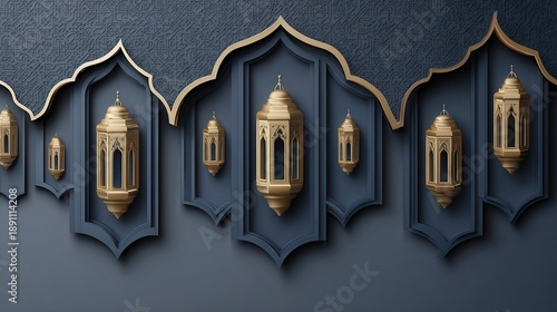 Wallpaper Mural A decorative wall featuring ornate Islamic lanterns and intricate patterns in shades of blue and gold, ideal for backgrounds in cultural events, Ramadan celebrations, or architectural design projects Torontodigital.ca