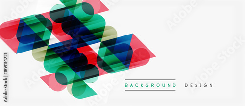 Abstract geometric shapes overlap, creating vibrant color layers. Modern design elements suggest innovation, energy, dynamism. Clean white background enhances visual impact.