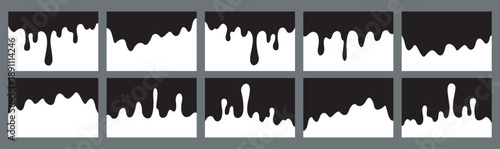 A collection of varied dripping black liquid patterns on white backgrounds, perfect for abstract designs