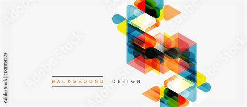 Abstract geometric shapes overlap, creating vibrant colorful design. Background features translucent polygons, modern aesthetic.