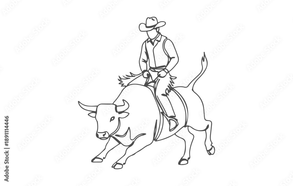 Fototapeta premium Continuous Single Line Art of Cowboy Riding Bucking Bull: Minimalist Rodeo Vector Illustration for Modern Design